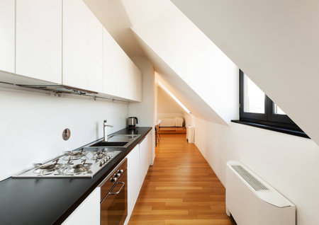 Interior, beautiful loft, hardwood floor, modern kitchenの写真素材