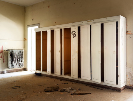 old destroyed building,hall with cabinetsの写真素材