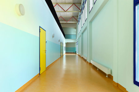 public school, long corridor with yellow door