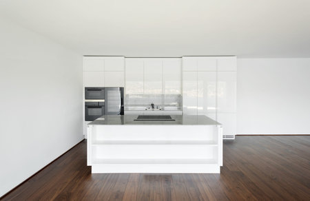 beautiful empty apartment with hardwood floor, modern kitchen
