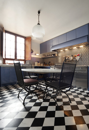 chessboard tile, kitchen interiorの写真素材