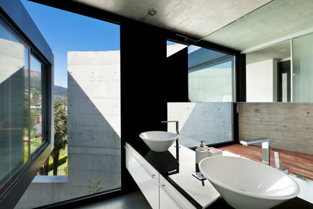beautiful modern house in cement, interior, bathroomの写真素材