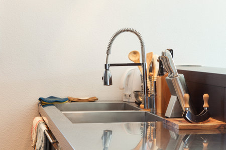 Architecture, detail modern kitchen, stainless steel sink