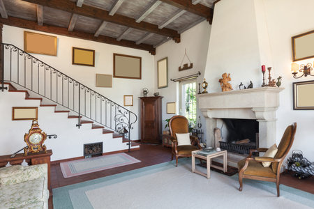 interior of old house, classic furniture, living room with fireplaceの写真素材