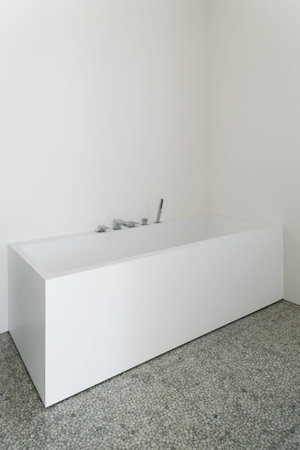 interior modern house, white bathroom, bathtub viewの写真素材