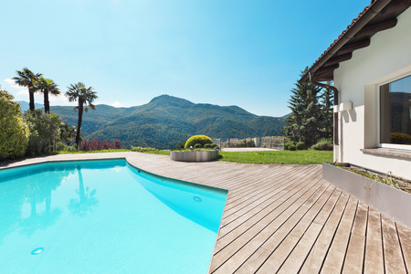 Architecture, villa with swimming pool, outdoorsの写真素材