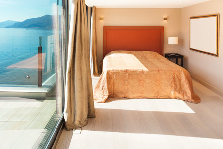 Interior, beautiful modern penthouse, bedroom