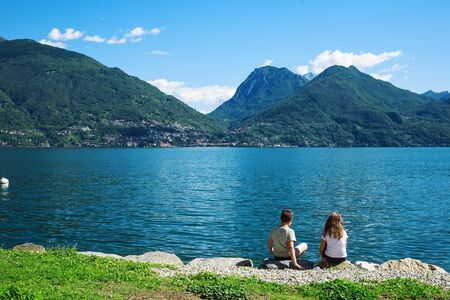 Children on holiday to Lake Como in Italyの写真素材