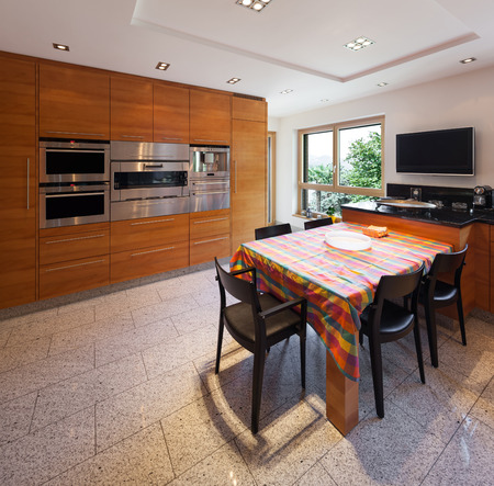 Interior of a modern apartment, wide domestic kitchen, cabinet with appliancesの写真素材