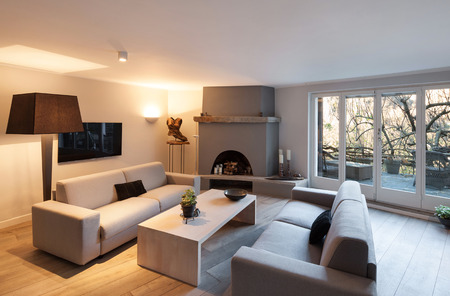 Interior of house, modern comfortable living room with fireplaceの写真素材