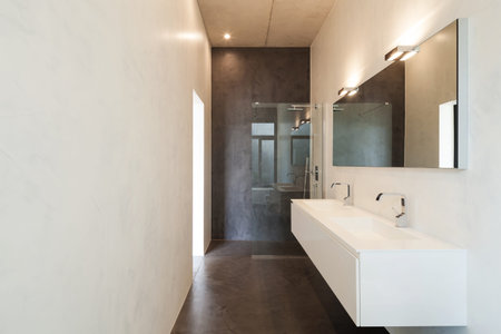 interior of apartment, modern bathroom with sink and showerの写真素材