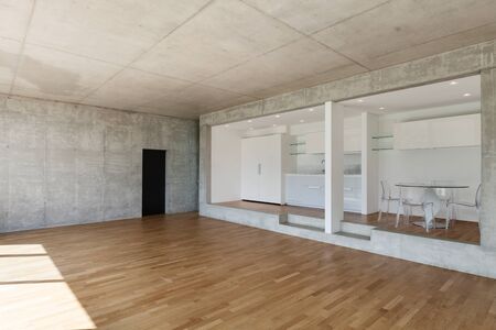 Interior, modern kitchen of concrete apartment, parquet floorの写真素材