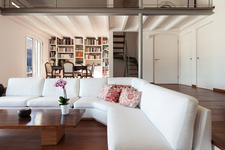 Interiors, comfortable living room of a loft, white divansの写真素材