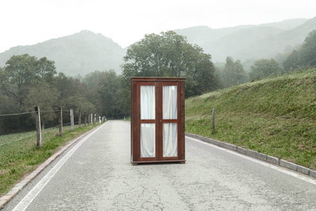 wooden wardrobe abandoned on a mountain road