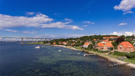 New Little Belt Bridge and small town of Middelfart seen from aerial view