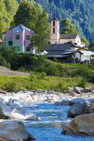 View of the village of Rossa in the Grisons from the riverの写真素材