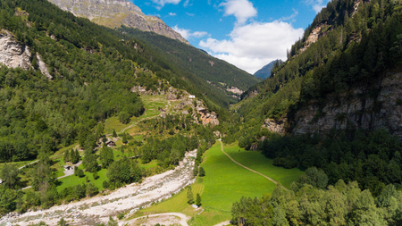 Aerial view of the Rossa valley in the canton Grisons in Switzerlandの写真素材