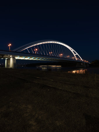 Apollo bridge on Danube river by nightの写真素材