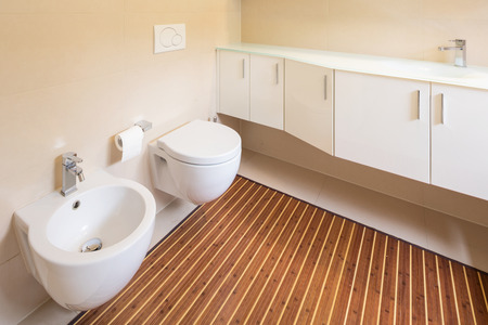 Elegant bathroom with large sink and mirror. Nobody insideの写真素材