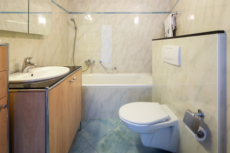 Bathroom with tiles, traditional. Nobody insideの写真素材