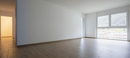 Living room with window and corridor. Nobody insideの写真素材