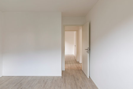 Empty room with white walls and open door on the right. Nobody inside
