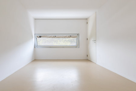 Large empty room with window looking nature and Swiss hills. Nobody inside