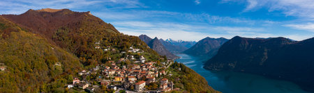 Aerial view of Lugano lake and the Monte BrÃ¨ in Canton Ticino in southern Switzerland. Ceresio...