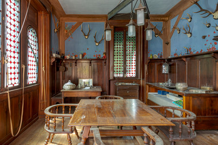 Dining room with wooden table and armchairs, wall with blue upholstery and deer antlers hanging on the wall. Interior of an abandoned villa to be restoredの写真素材