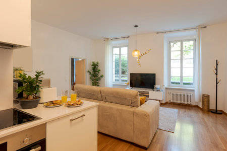 Modern open space in elegant apartment. There is the kitchen with breakfast ready to be tasted, a sofa and large bright windows. Nobody insideの写真素材