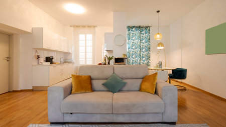 Front view modern open space in elegant apartment. There is a comfortable sofa in the foreground, the dining room and the kitchen behind. Nobody insideの写真素材