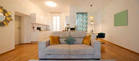 Front view modern open space in elegant apartment. There is a comfortable sofa in the foreground, the dining room and the kitchen behind. Nobody insideの写真素材
