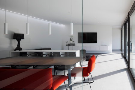 Modern living room detail with armchair and red sofa. Sunlight comes in through the large windows. Nobody insideの写真素材