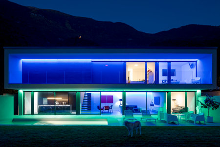 Front view of modern house with pool and garden in night scene illuminated by colored LED lights. Behind the house is the hill with the forest. Nobody insideの写真素材