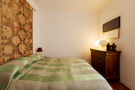 Bright elegant bedroom. Vintage apartment interior with modern furniture. Nobody insideの写真素材