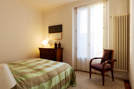 Bright elegant bedroom. Vintage apartment interior with modern furniture. Nobody insideの写真素材