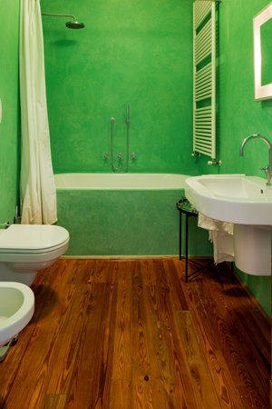 Bathroom with parquet floors and green walls, bathtub with shower and white curtain. Interior vintage apartment with modern furniture. Nobody insideの写真素材