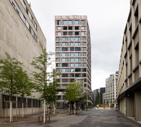 Urban landscape in Zurich with modern wooden roof and skyscrapers in the distance. Cloudy day. There isn't nobodyの写真素材