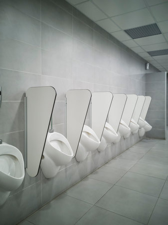 Long line of male pissers. No one uses them, new and modern space.