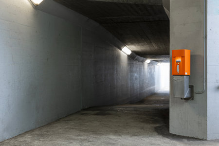 Detail of orange ticket validation machine in pedestrian corridor under the train station. No one insideの写真素材
