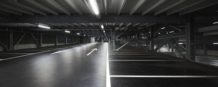 Modern underground garage with lamps illuminating the scene. Parking lines are drawn on the floor. No one insideの写真素材