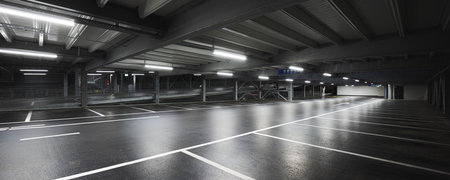Modern underground garage with lamps illuminating the scene. Parking lines are drawn on the floor. No one insideの写真素材