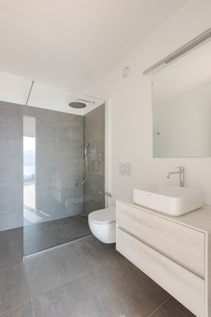 Interior of a new empty white bathroom. you can see the shower the toilet and the sink.の写真素材