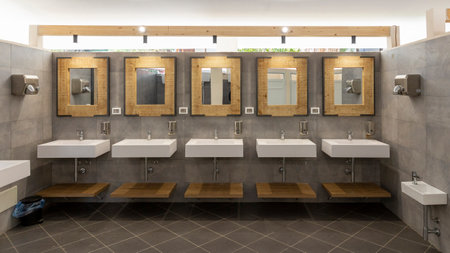 Public bathroom with five sinks, mirrors and soap dispensers. Modern and simple. No one insideの写真素材