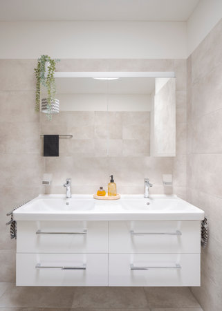 Interior of a modern bathroom. Front view of the sinks with a mirror and liquid soaps in front. Everything is new, clean and very bright. There is even a towel on the sideの写真素材