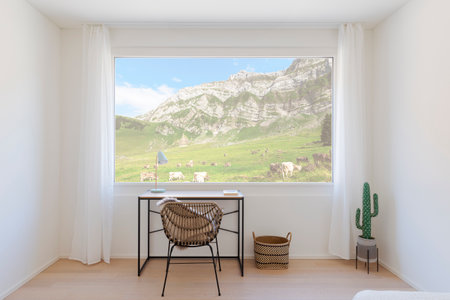 Front view of a small study with a small desk and an armchair. There is a large window overlooking a mountainous landscape with a meadow and grazing cows. No one inside.の写真素材
