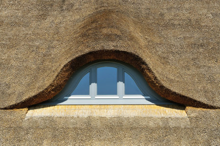 thatched roof with rounded windowの写真素材