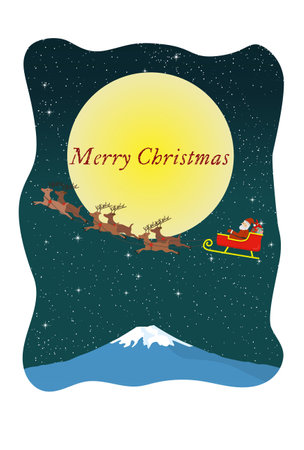Santa Claus and reindeer flying through the full moon and starry Christmas night sky Mt. Fujiのイラスト素材