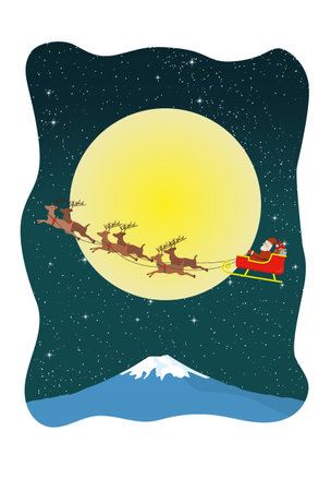 Full moon and starry Christmas, Santa Claus and reindeer flying over Mt. Fujiのイラスト素材