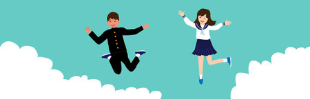 Male students and schoolgirls jumping in joyのイラスト素材